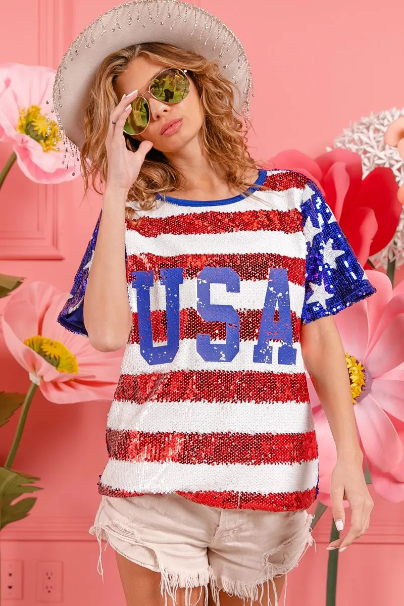 Image of BiBi American Flag Theme USA Lettering Sequin Top | Queeble.shop
