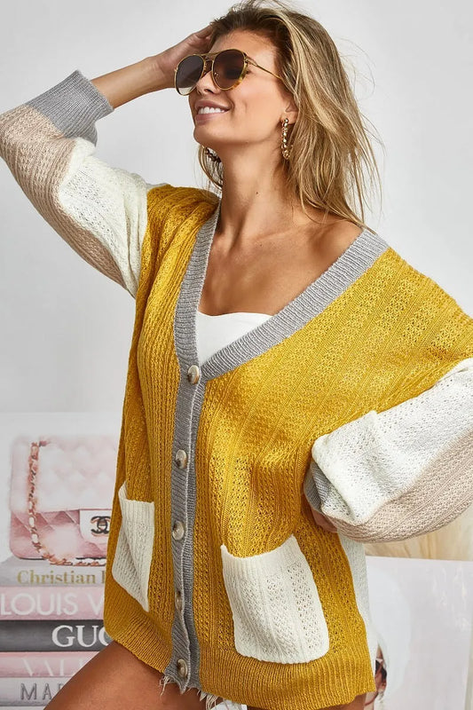 Image of BiBi Color Block Sweater Cardigan with Button Closure | Queeble.shop