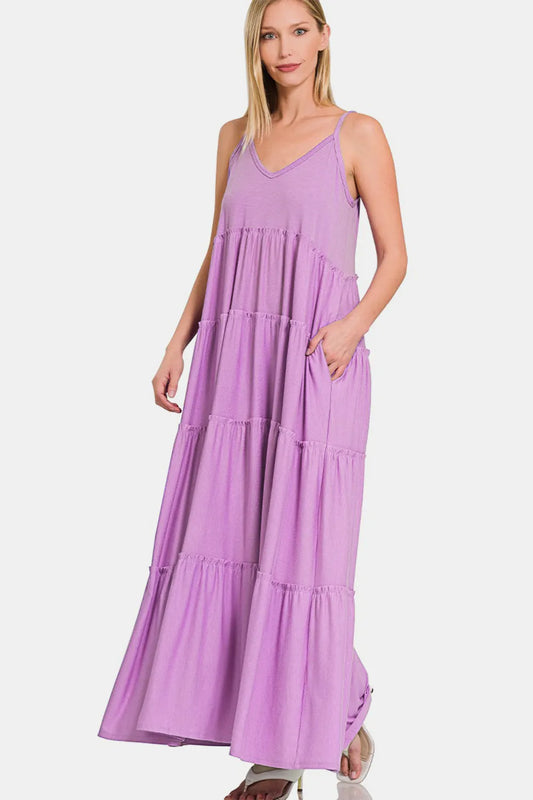 Image of Zenana Frill Tiered V-Neck Maxi Cami Dress | Queeble.shop
