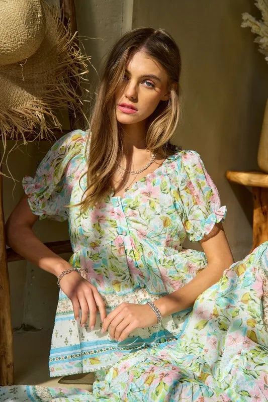 Image of Davi & Dani Spring Floral Border Print Ruffled Textured Top | Queeble.shop