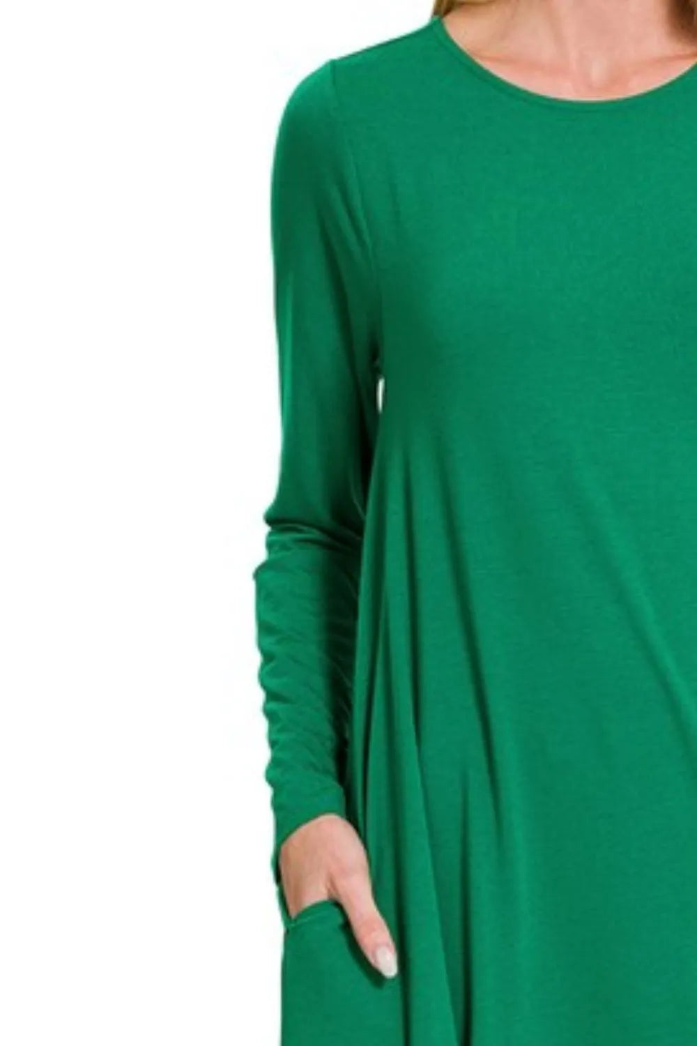 Image of Zenana Long Sleeve Flare Dress With Pockets | Queeble.shop