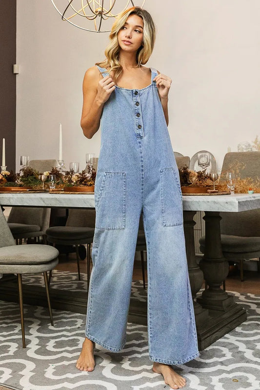 Image of BiBi Washed Denim Buttoned Overall Jumpsuit | Queeble.shop