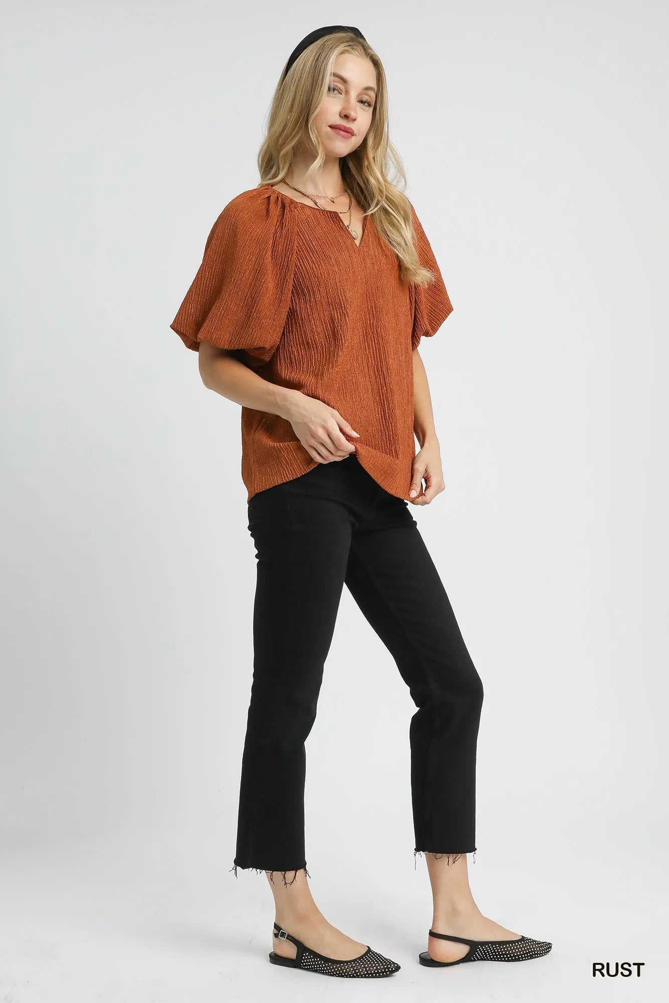 Image of Umgee Textured Flutter Sleeve Notch Neck Top | Queeble.shop