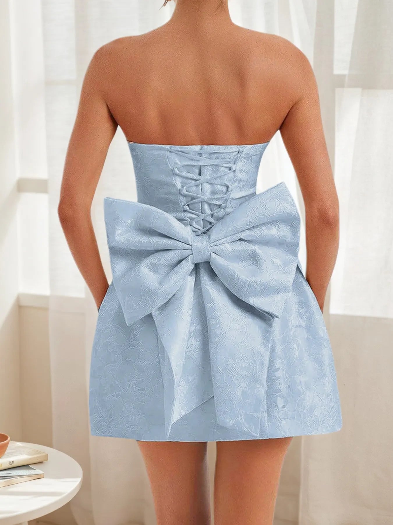 Image of Lace Up Back Mini Dress with Bow Detail | Queeble.shop