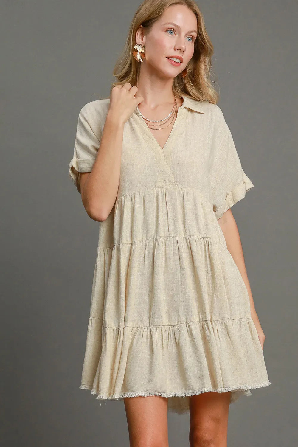 Image of Umgee Full Size Raw Hem Folded Sleeve Tiered Dress Plus Size | Queeble.shop