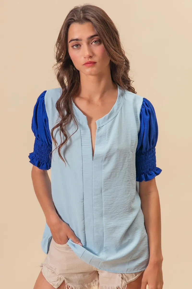 Image of BiBi Air Flow Color Block Puff Sleeves V Neck Top | Queeble.shop