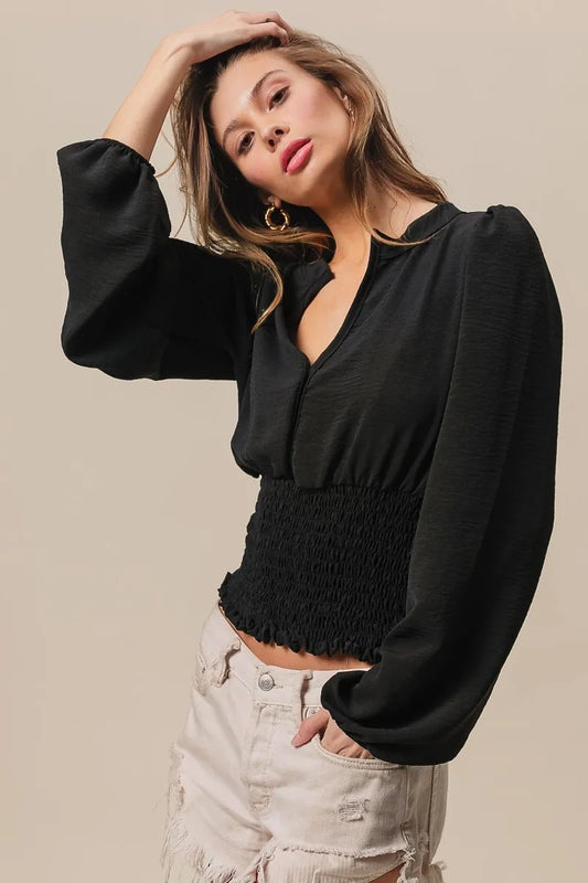 Image of BiBi Smoking Waist Band and Puff Sleeves Deep V Neck Top | Queeble.shop