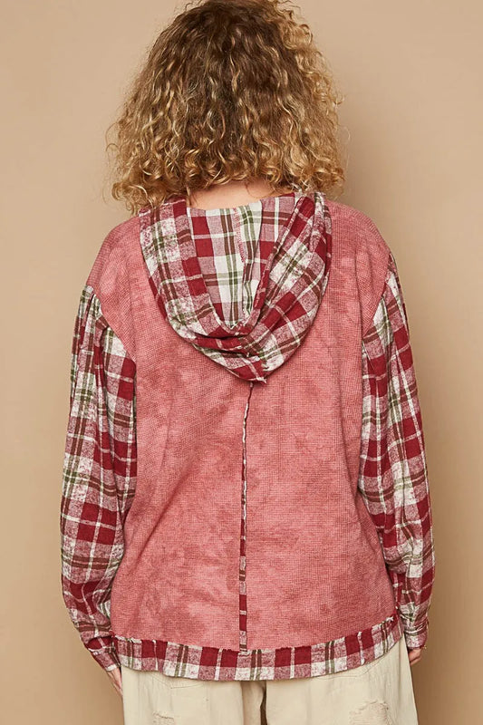 Image of POL Star Patch Plaid Long Sleeve Hooded Top | Queeble.shop
