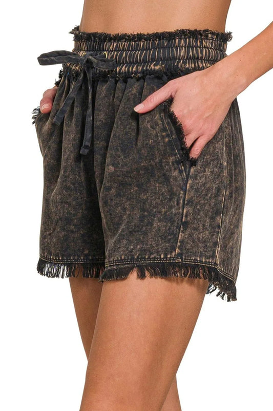 Image of Zenana Mineral Frayed Hem Washed Shorts | Queeble.shop