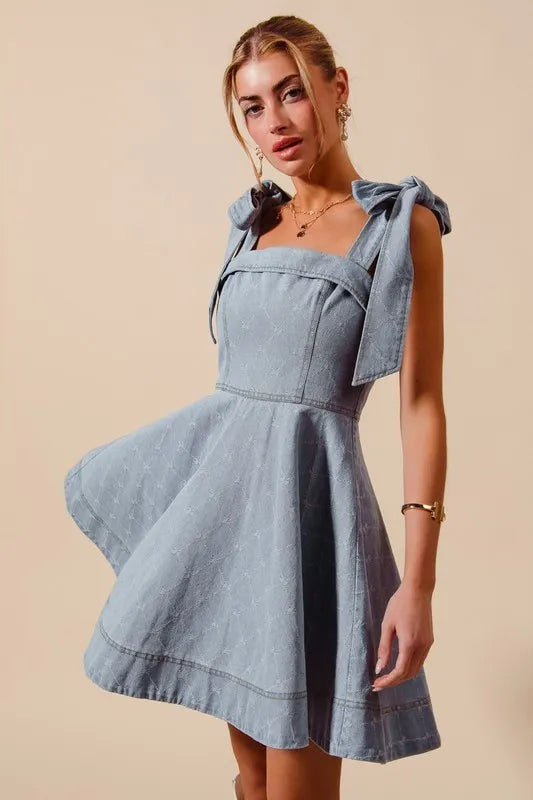 Image of SO ME A Line Fit and Flare Diamond Bow Ribbon Denim Dres | Queeble.shop