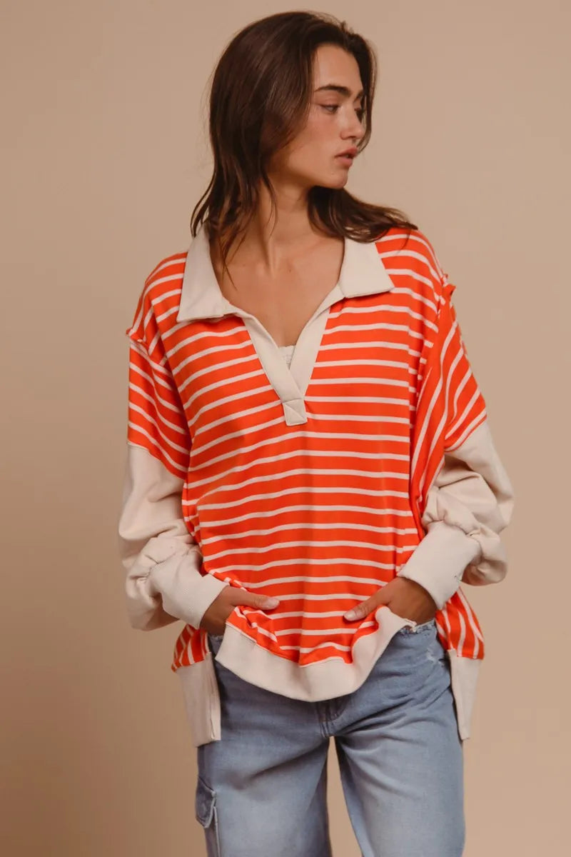 Image of BiBi Stripe Knit Loose Fit Top With Cut Edge Detail | Queeble.shop