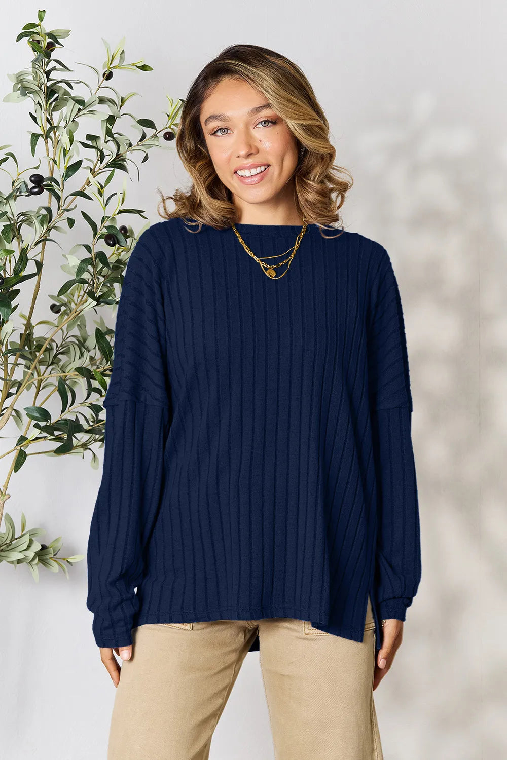 Image of Basic Bae Full Size Ribbed Round Neck Slit Knit Top | Queeble.shop