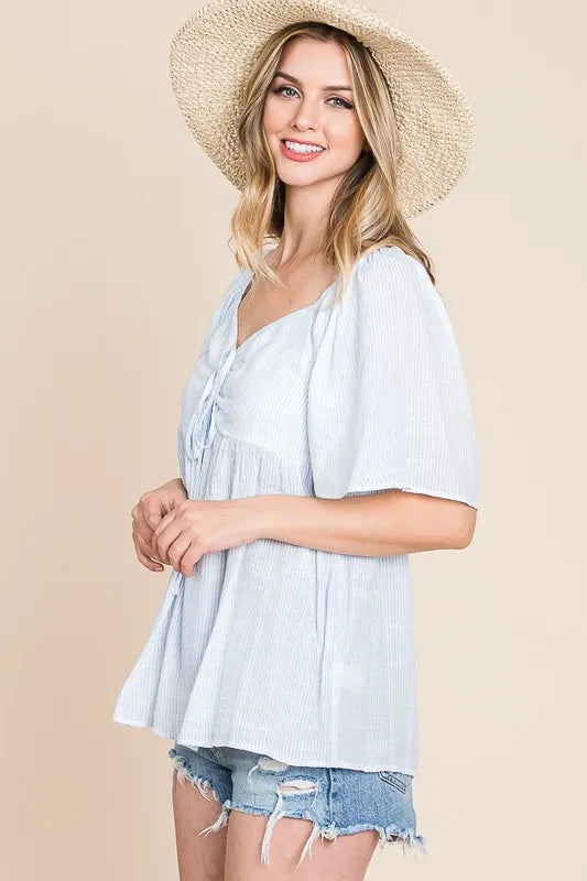 Image of Lime 'N' Chili Thin Striped with Tie Front Babydoll Top | Queeble.shop