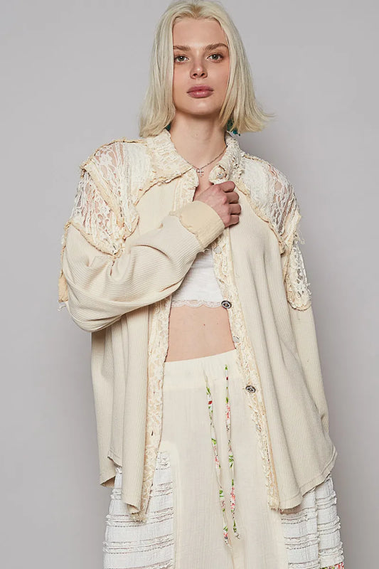 Image of POL Lace Patchwork Button Up Shacket | Queeble.shop
