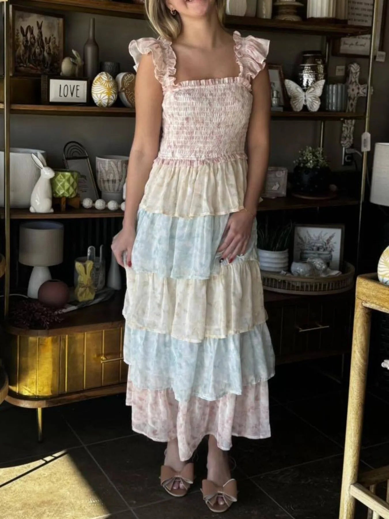 Image of Smocked Ruffle Layered Floral Midi Dress | Queeble.shop