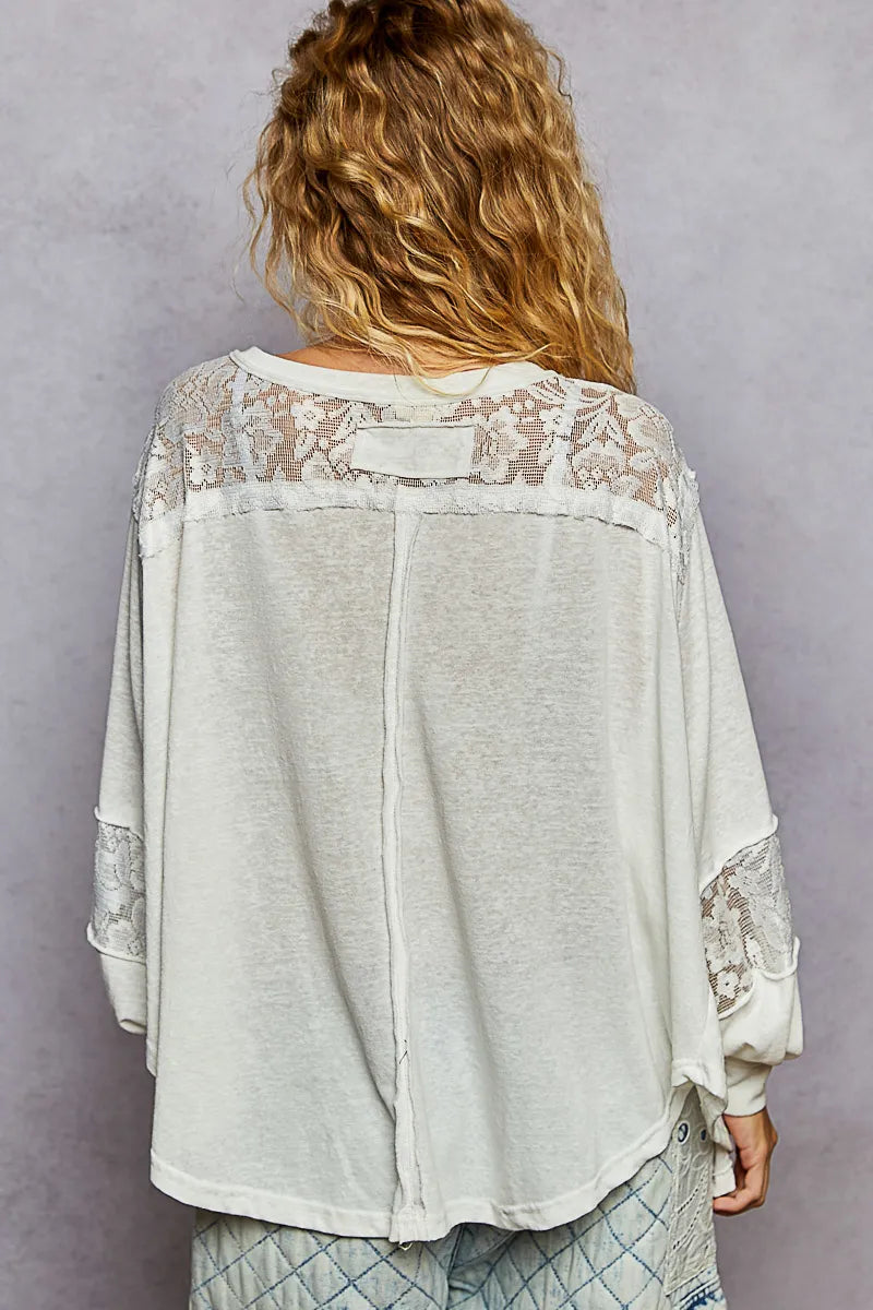 Image of POL V-Neck Long Sleeve T-Shirt with Lace Detail | Queeble.shop