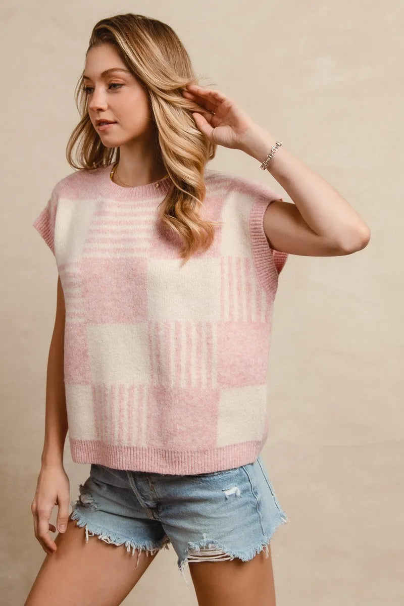 Image of BiBi Checker With Stripes Pattern Sleeveless Sweater | Queeble.shop
