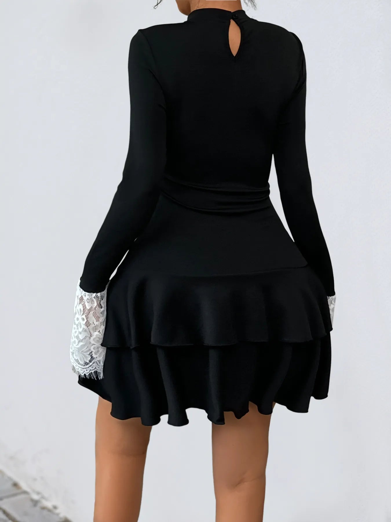 Image of Lace Detail Long Sleeve Mini Dress | Queeble.shop
