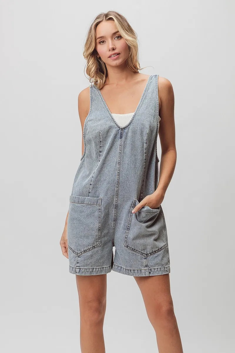 Image of BiBi Patch Vintage Washed Denim Shortall | Queeble.shop