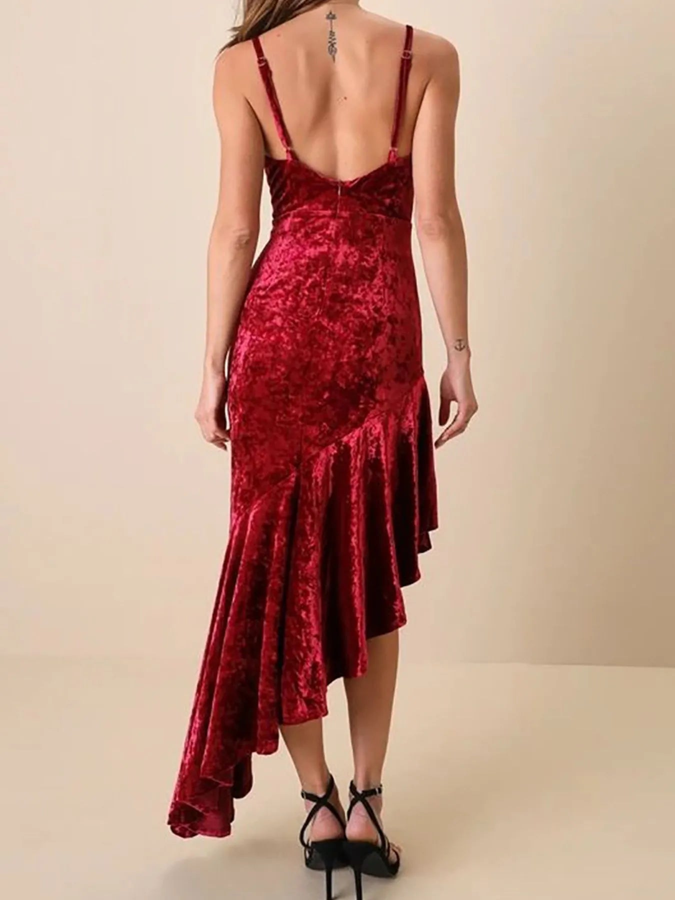 Image of Asymmetrical Velvet Cami Dress with Ruffle Hem | Queeble.shop