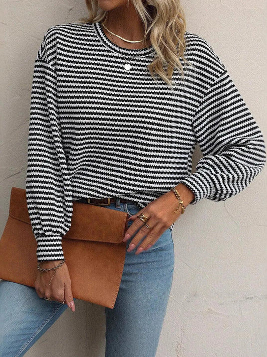 Image of Striped Round Neck Lantern Sleeve Top | Queeble.shop