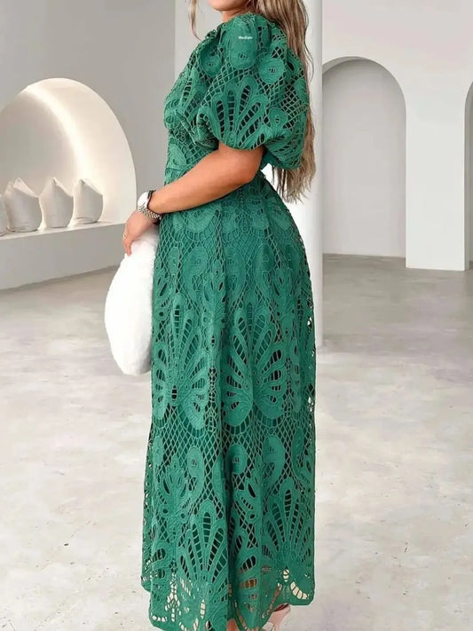 Image of Lace V-Neck Midi Dress with Puff Sleeves | Queeble.shop