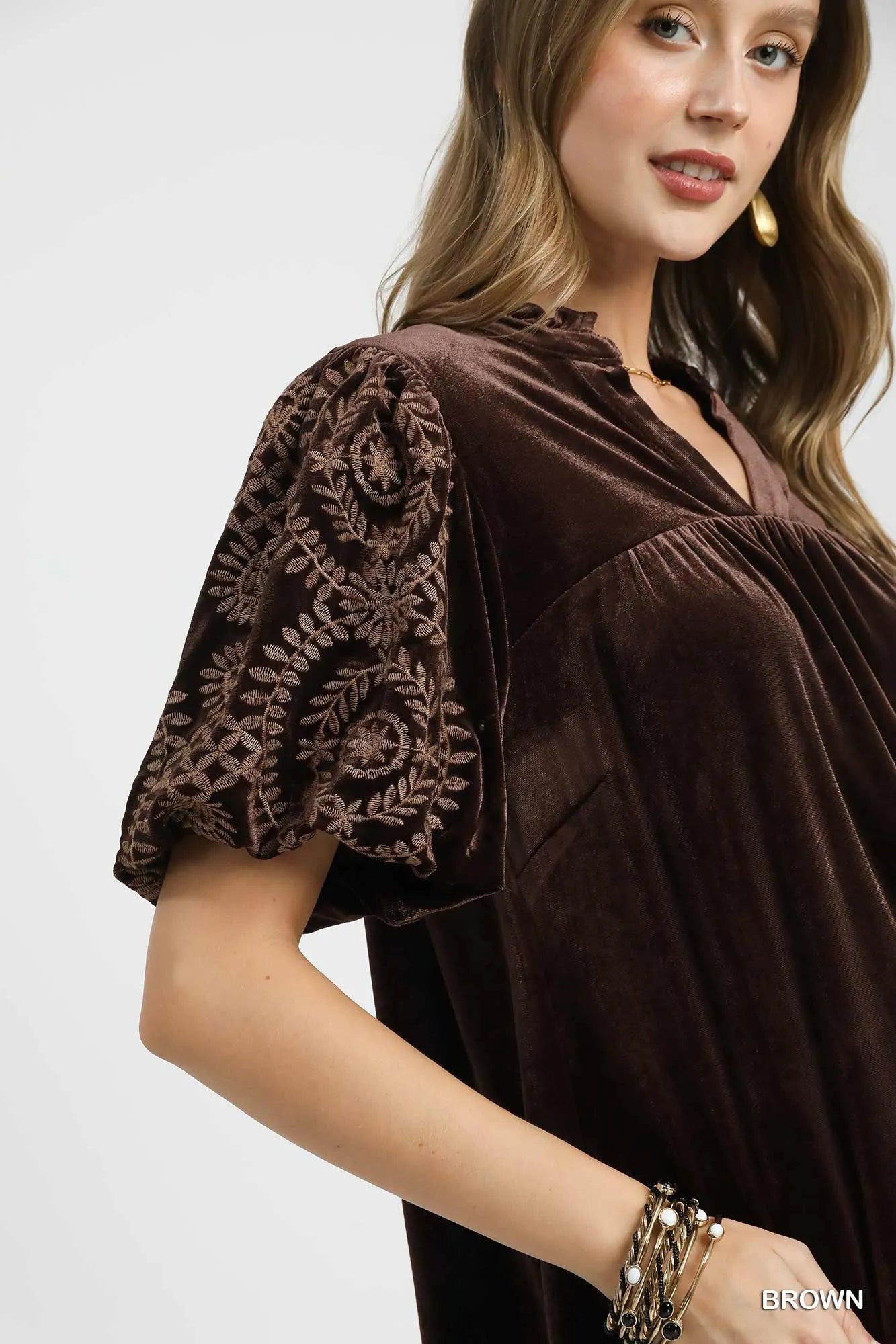 Image of Umgee Full Size Velvet Embroidered Sleeve Blouse Plus Size | Queeble.shop
