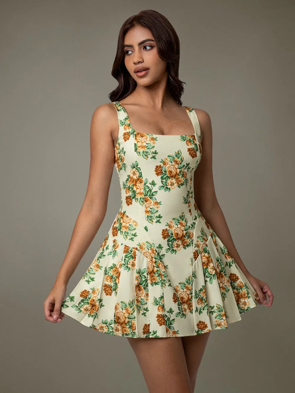 Image of Floral Sleeveless Mini Pleated Dress | Queeble.shop