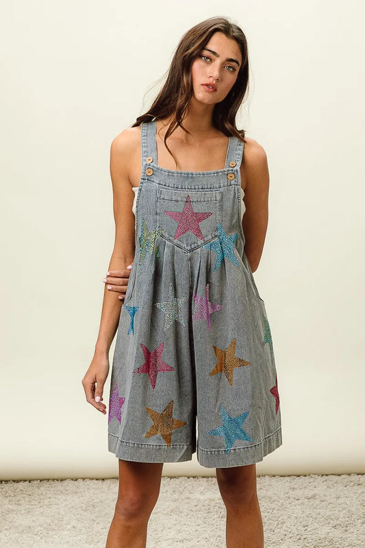 Image of BiBi Star Rhinestone Washed Wide Leg Shortalls | Queeble.shop
