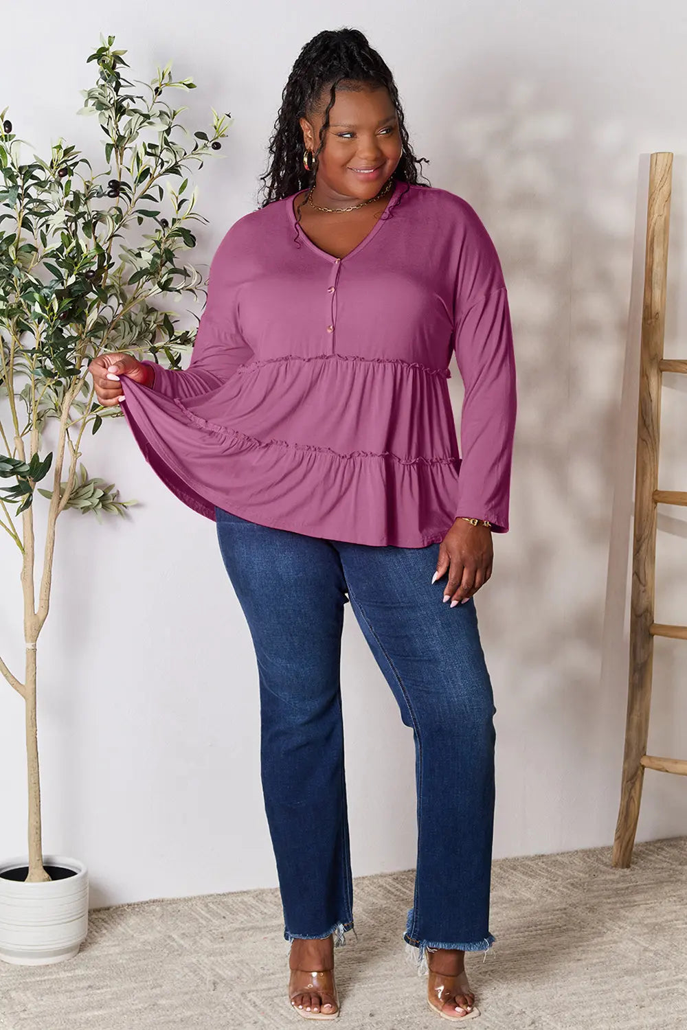 Image of Double Take Half Button Long Sleeve Ruffle Hem Blouse | Queeble.shop