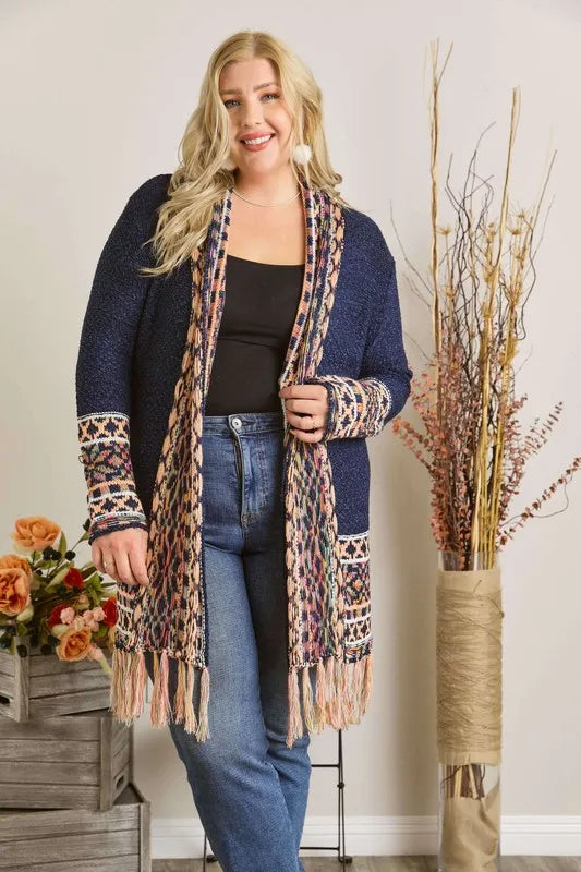 Image of ADORA Full Size Fringe Hem Aztec Border Cardigan Plus Size | Queeble.shop