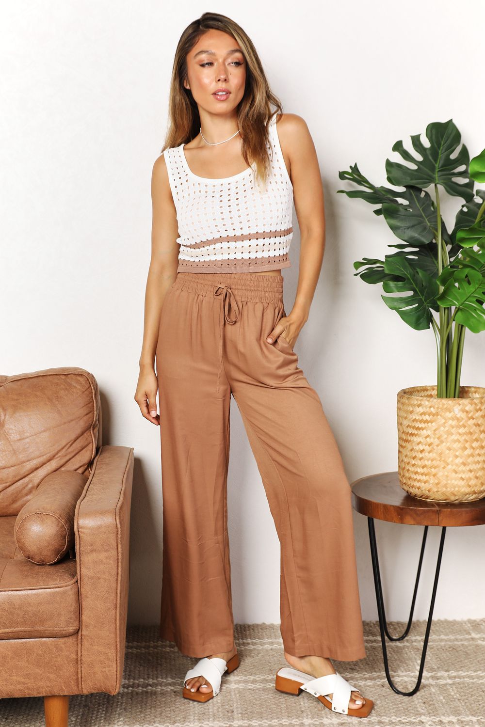 Image of Double Take Drawstring Smocked Waist Wide Leg Pants | Queeble.shop