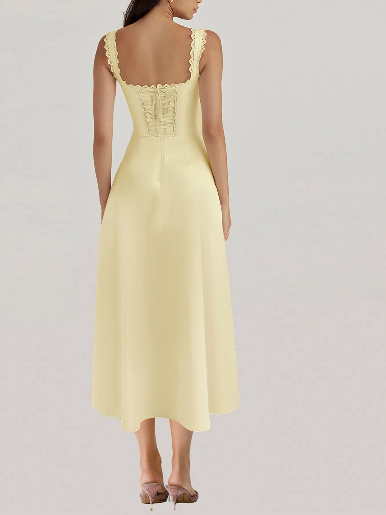 Image of Scalloped V-Neck Midi Dress with Back Lace-Up | Queeble.shop