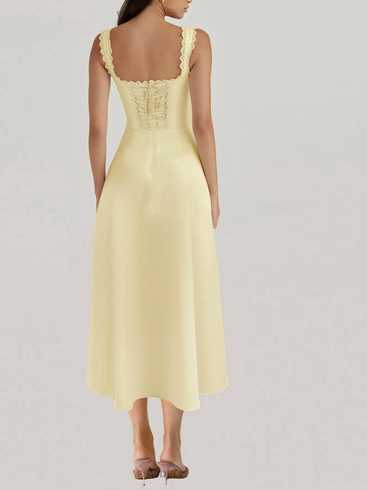 Image of Scalloped V-Neck Midi Dress with Back Lace-Up | Queeble.shop