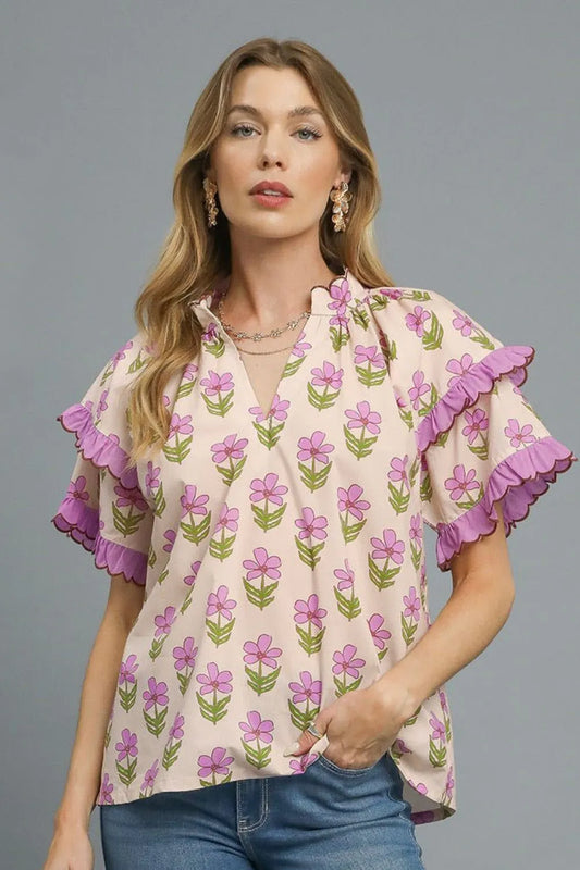 Image of Umgee Floral Print Ruffle Short Sleeve Blouse | Queeble.shop