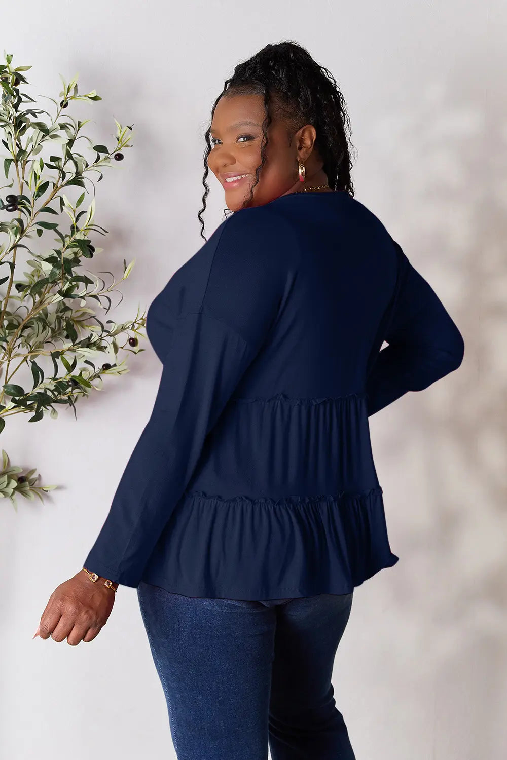 Image of Double Take Half Button Long Sleeve Ruffle Hem Blouse | Queeble.shop