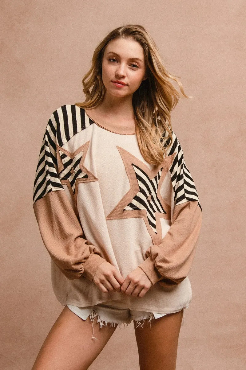 Image of BiBi Star Patchwork Mixed Long Sleeve Top | Queeble.shop