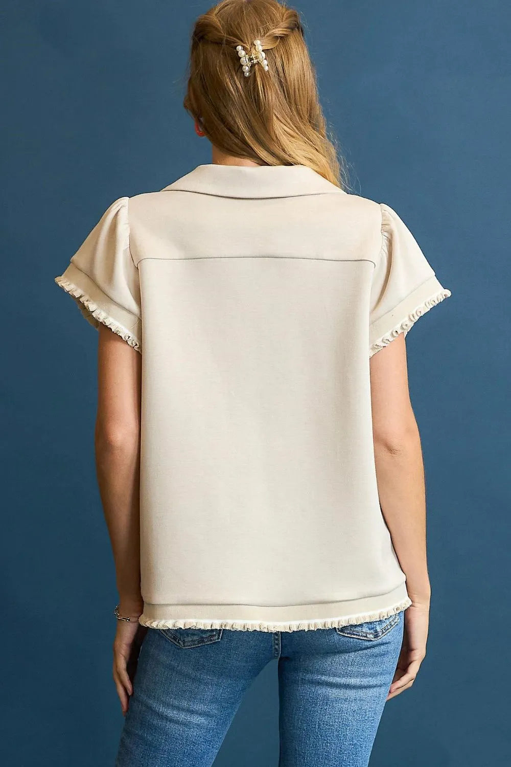 Image of Umgee Frill Hem Half-Zip Collared Blouse | Queeble.shop