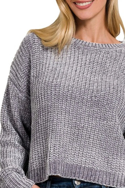 Image of Zenana Chenille Round Neck Crop Sweater | Queeble.shop