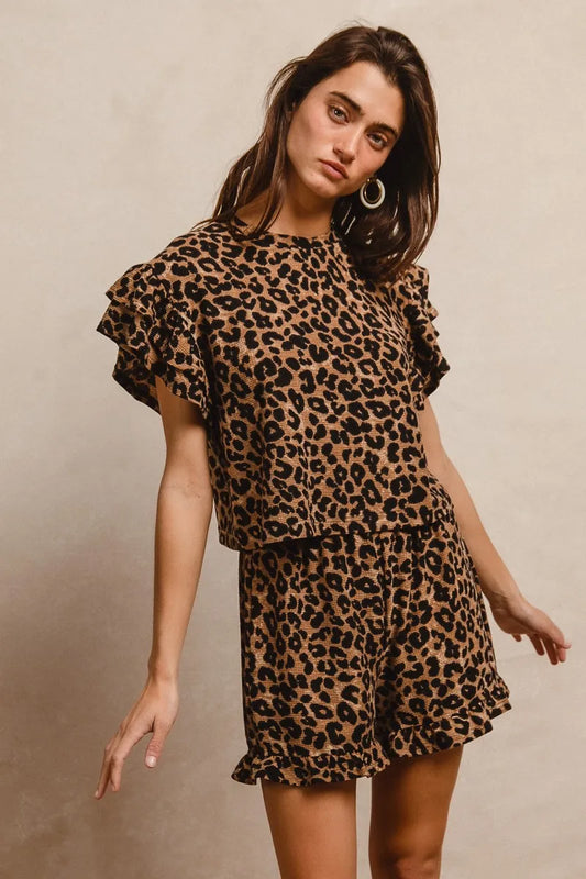 Image of BiBi Leopard Print Waffle Texture Layered Ruffle Sleeve Top and Shorts Set | Queeble.shop