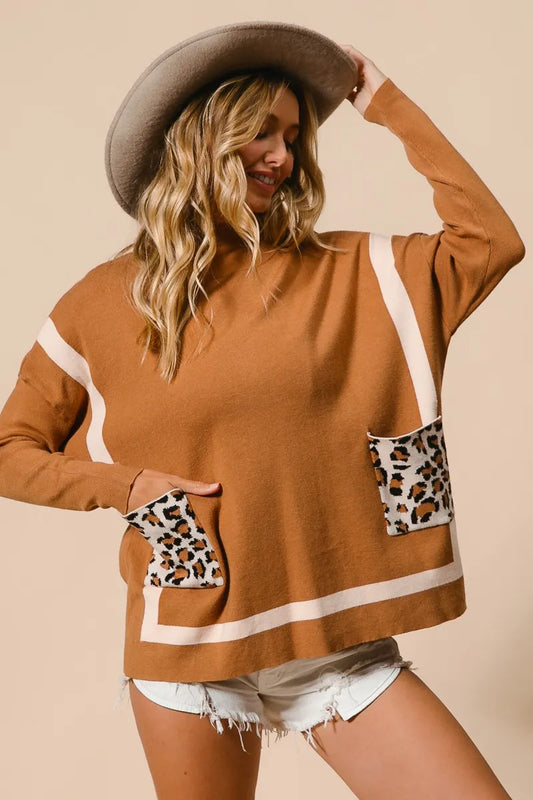 Image of BiBi Mock Neck Sweater with Leopard Pocket | Queeble.shop