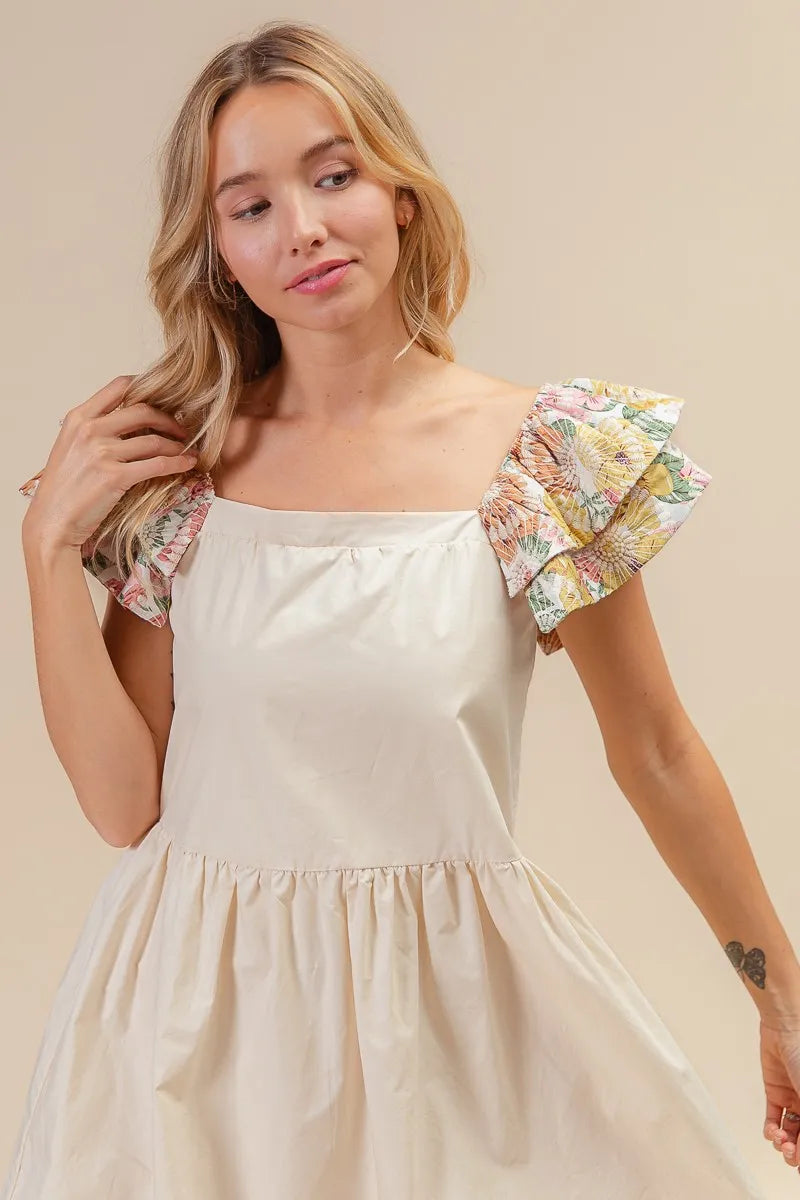 Image of BiBi Flower Embroidered Floral Print Sleeve Dress | Queeble.shop