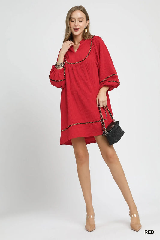 Image of Umgee Textured Babydoll Dress with Leopard Trim | Queeble.shop