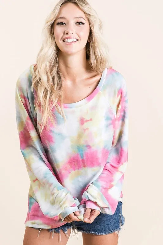 Image of BiBi Tie Dye Print Terry Top With Puff Sleeves | Queeble.shop