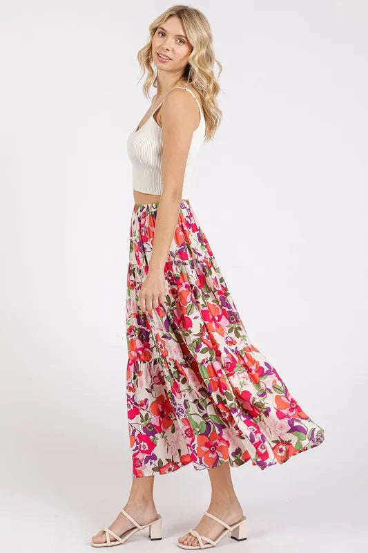 Image of Mittoshop Flower Print Elastic Waist Tiered Skirt | Queeble.shop