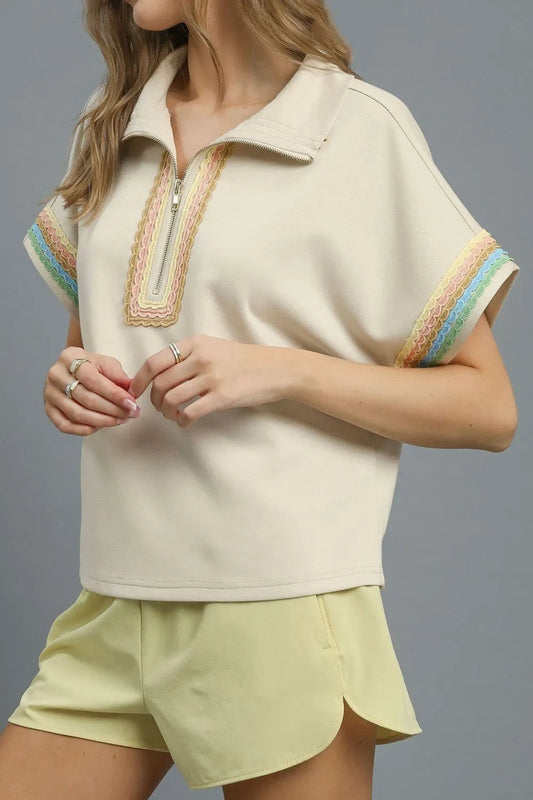Image of Umgee Contrast Trim Half Zip Collared Blouse | Queeble.shop