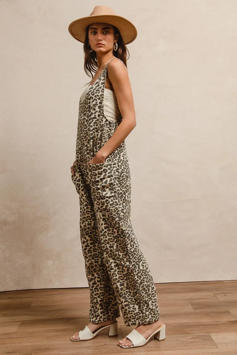 Image of BiBi Leopard Print Adjustable Strap U Neck Jumpsuit | Queeble.shop