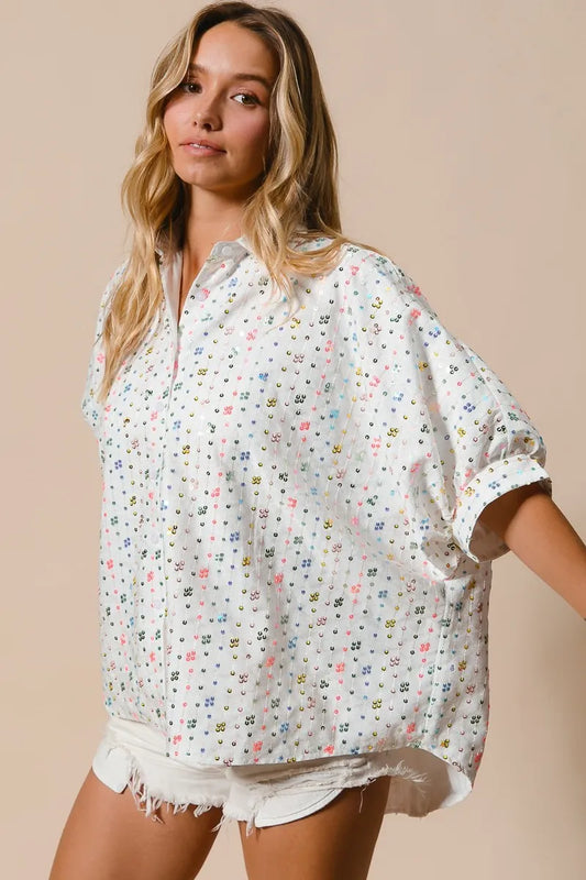 Image of BiBi Sequin Striped Short Dolman Sleeve Blouse | Queeble.shop