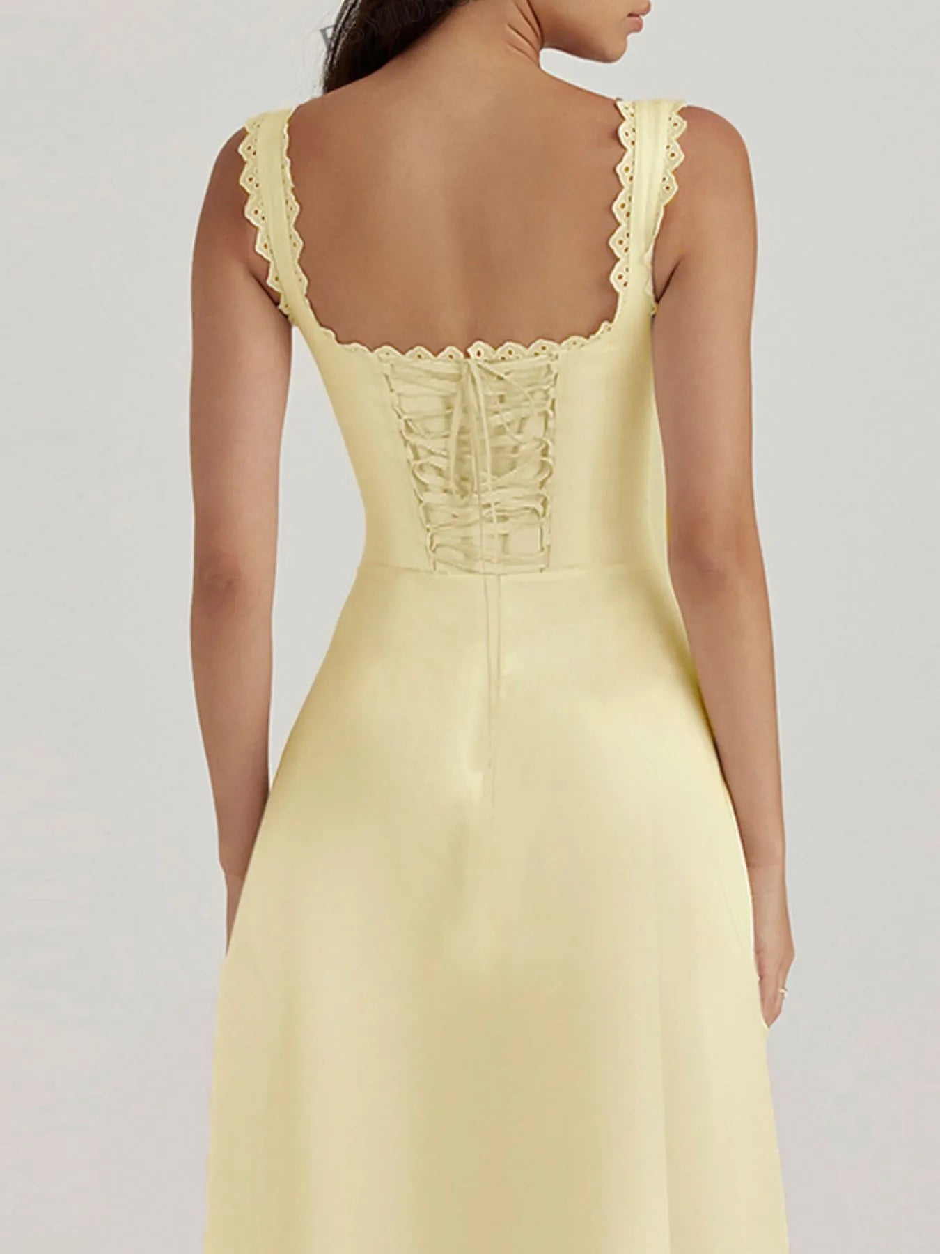Image of Scalloped V-Neck Midi Dress with Back Lace-Up | Queeble.shop