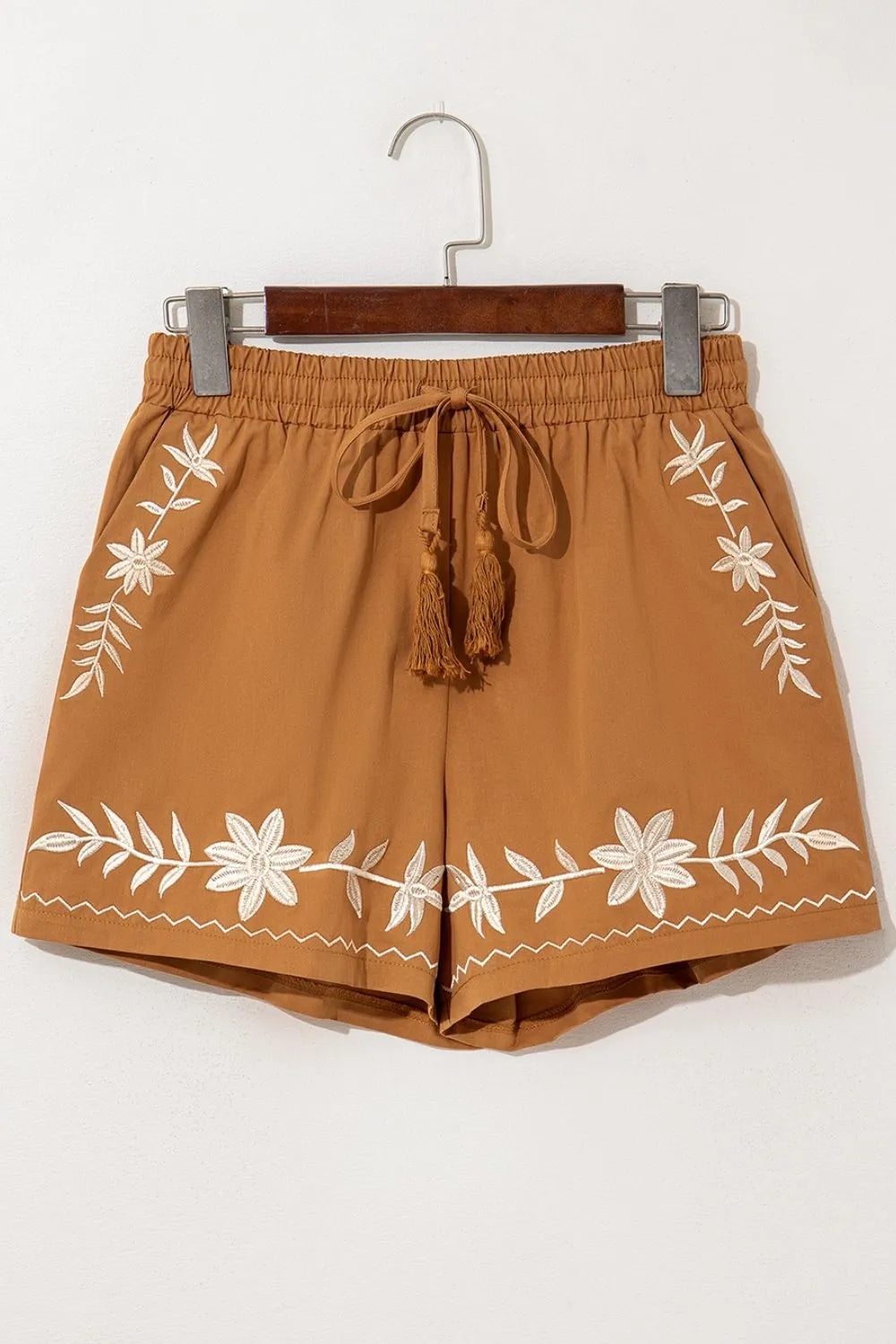 Image of Embroidered Boho Tasseled Drawstring Elastic Waist Casual Shorts | Queeble.shop